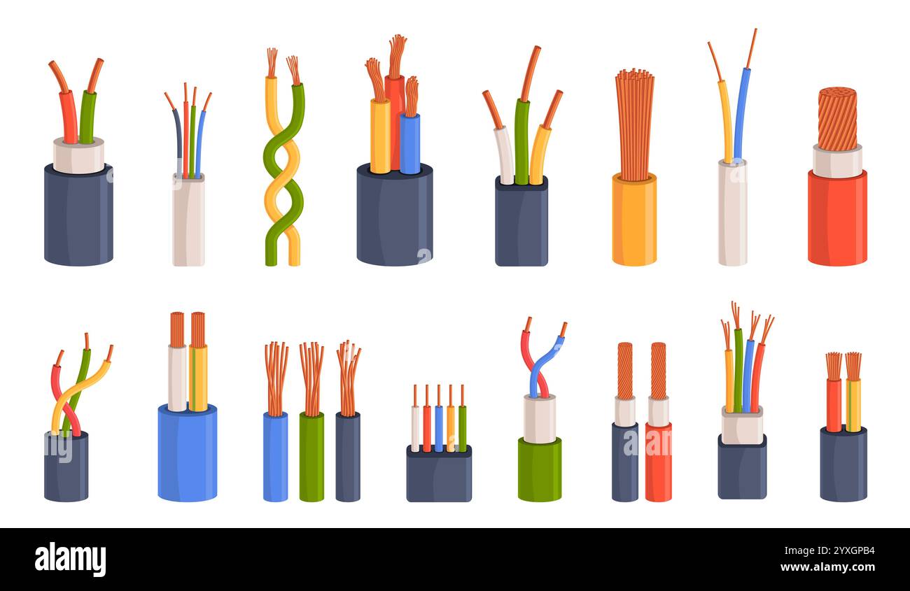 Elektrische Kabelisolierung. Kupferdrähte, bunte kurze Stücke, Stromerzeugungselemente, flexible Stromleiter, Spannungsanschluss, Cartoon Stock Vektor