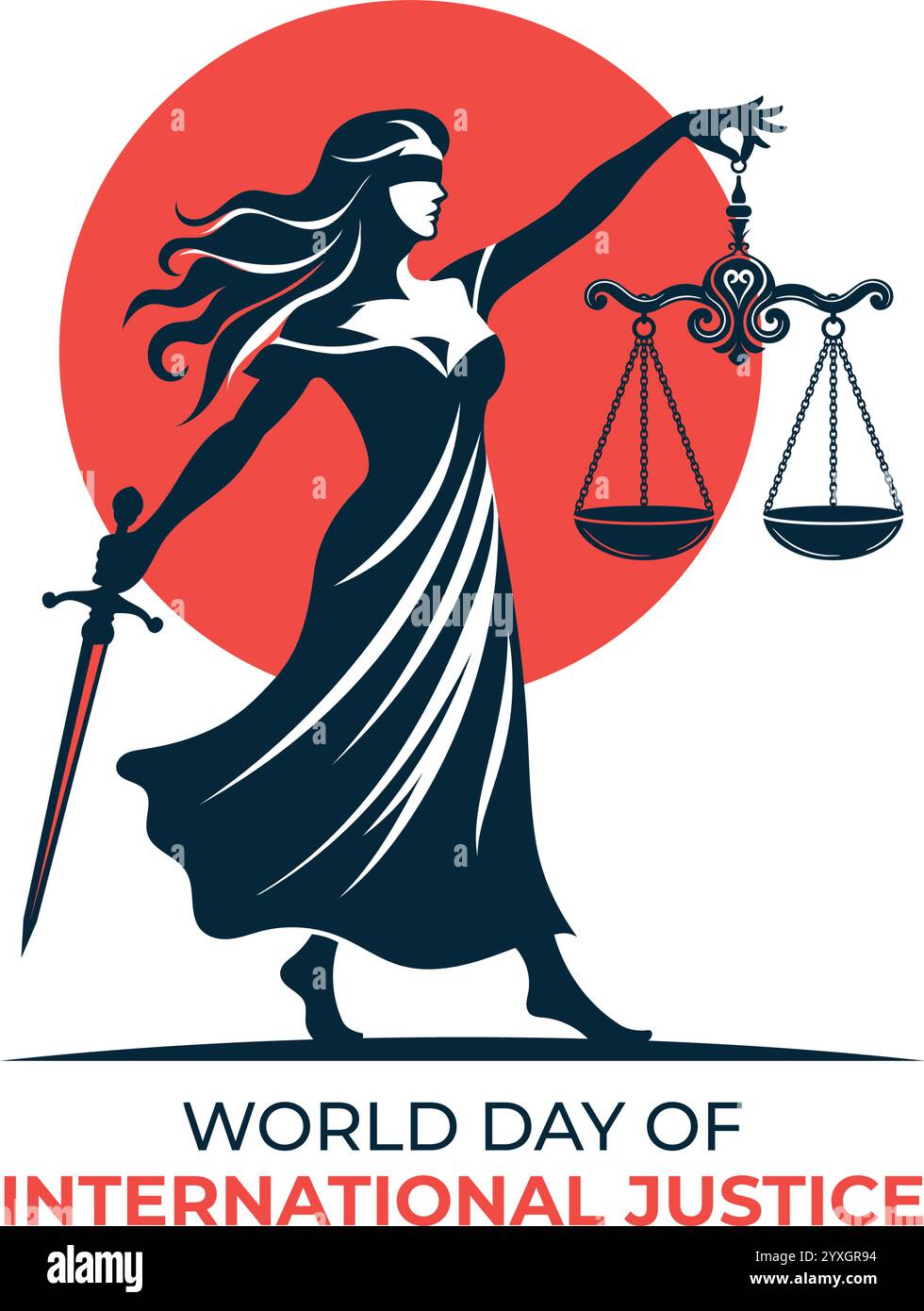 Welttag der internationalen Gerechtigkeit Zeichen mit Silhouette der Lady Justice Vektor Illustration Stock Vektor