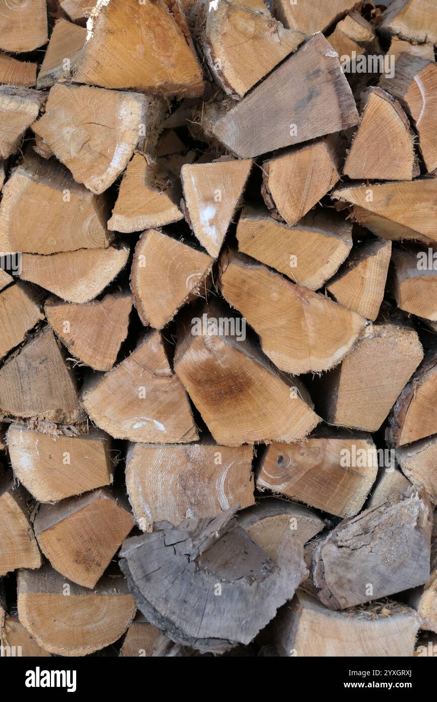 Der Brennholzhaufen meines Nachbarn, der für den Winterofen aufgestellt wurde. Spaltete und würzte, um ihr Haus für den Winter zu heizen Stockfoto