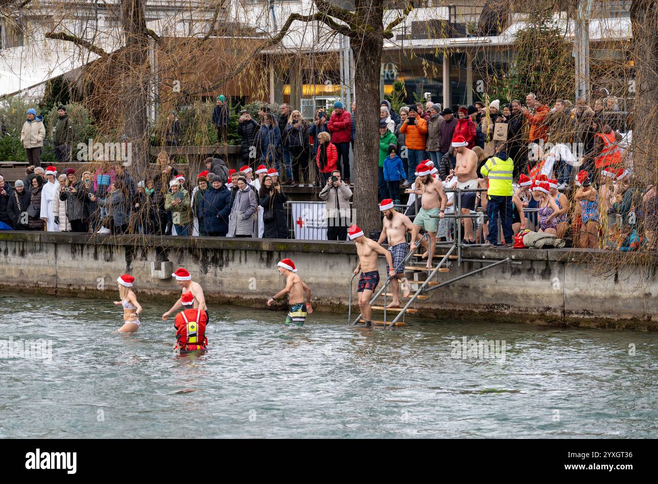 Thun, Schweiz - 8. Dezember 2024: Die Weihnachtsklauseln tauchen in das kalte Wasser der Aare bei einer jährlichen Veranstaltung während der Weihnachtsmarktsaison Stockfoto