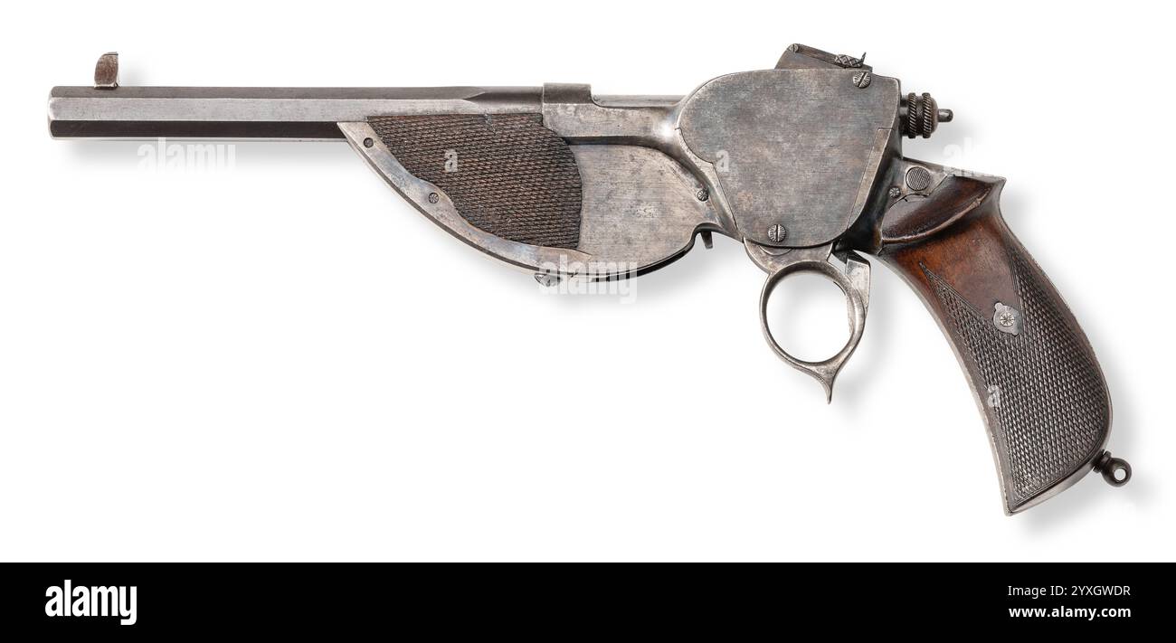 Studio-Aufnahme eines Gustav Bittner Weipert Mod. 1893 historische Pistolenpistole auf weißem Hintergrund mit Bettschatten Stockfoto