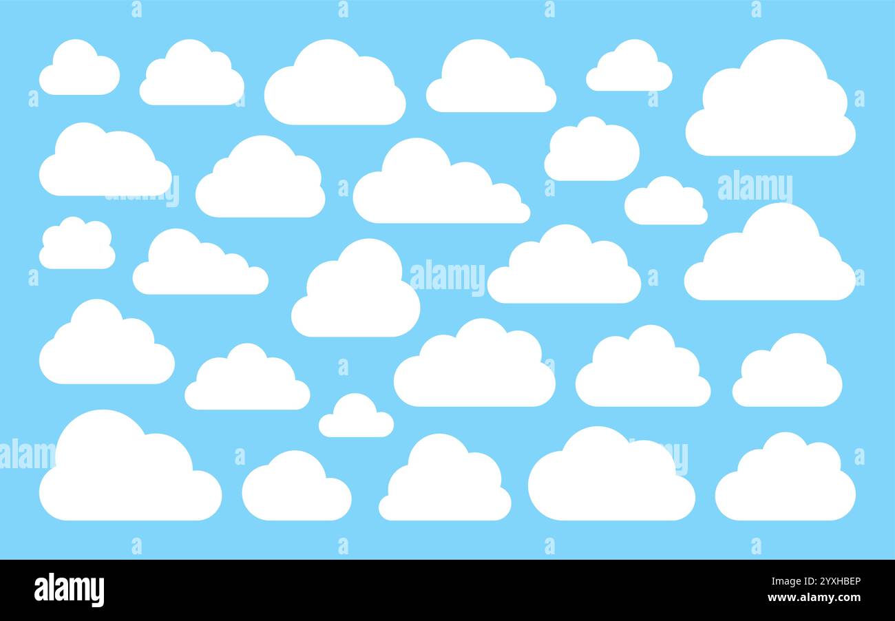 Flaches Set mit weißer Wolke und Silhouette. Geschwollene Kanten, abgerundete einfache Umrisse, minimale Kurven, klare Zeichentricksymbole. Wetterwolken, abstrakte Cumulus-Formen, luftige leere Wolke für Text, Web, Kinderdesign Stock Vektor