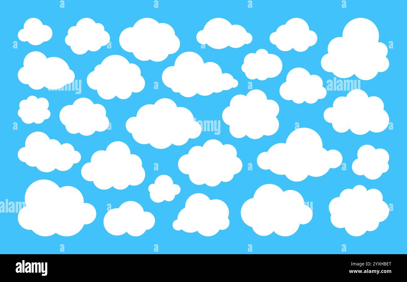 Weiße flauschige Wolken flaches Set. Verschiedene Formen am blauen Himmel. Einfache Wolkenlandschaft in Zeichentrickfilmen, weiche Kanten, minimales Design, Cumulus-Wolkenelemente, leichte natürliche Formen, verspielte, schwebende, saubere und luftige Wettersymbole Stock Vektor