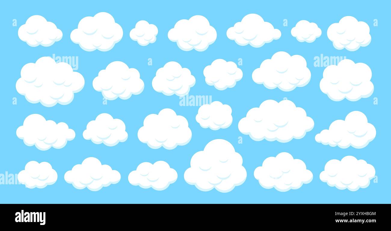 Abgewickelte Wolke. Wetter, Atmosphärenschild, weiße Silhouette, weiche, flauschige Formen, glatte Kanten, abgerundete einfache Konturen. Minimale Kumuluselemente, helle Karikaturwolken und sanfte, luftige, abstrakte Kurven Stock Vektor