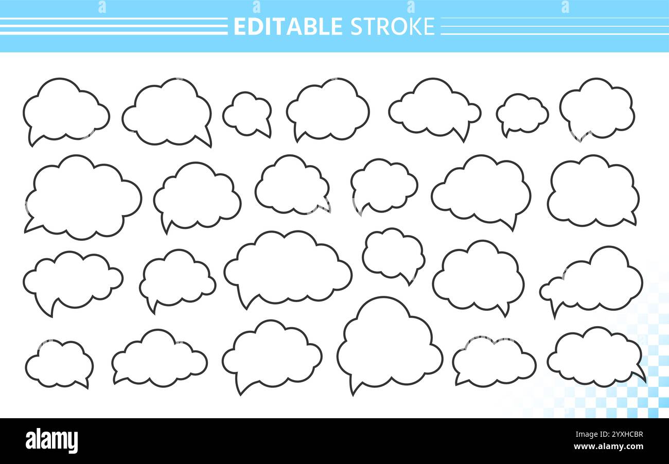 Umreißen Sie die Sprechblase in Wolkenformen. Schwarzer Rahmen mit Anführungszeichen. Einfache Kurven, glatte Kanten, abgerundete Formen. Abstrakte Konturen, Wolken-Symbol, geschwollene Silhouetten, klare, bearbeitbare Striche in Cartoons Stock Vektor