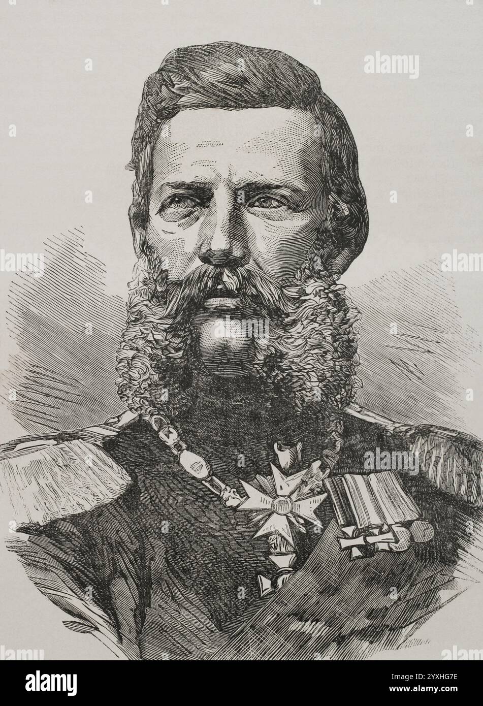 Kronprinz Friedrich Wilhelm von Preußen (1880–1925). Mitglied des Hauses Hohenzollern. Hochformat. Gravur. Historia de la Guerra de Francia y Prusia (Geschichte des Krieges zwischen Frankreich und Preußen). Band I. veröffentlicht in Barcelona, 1870. Stockfoto