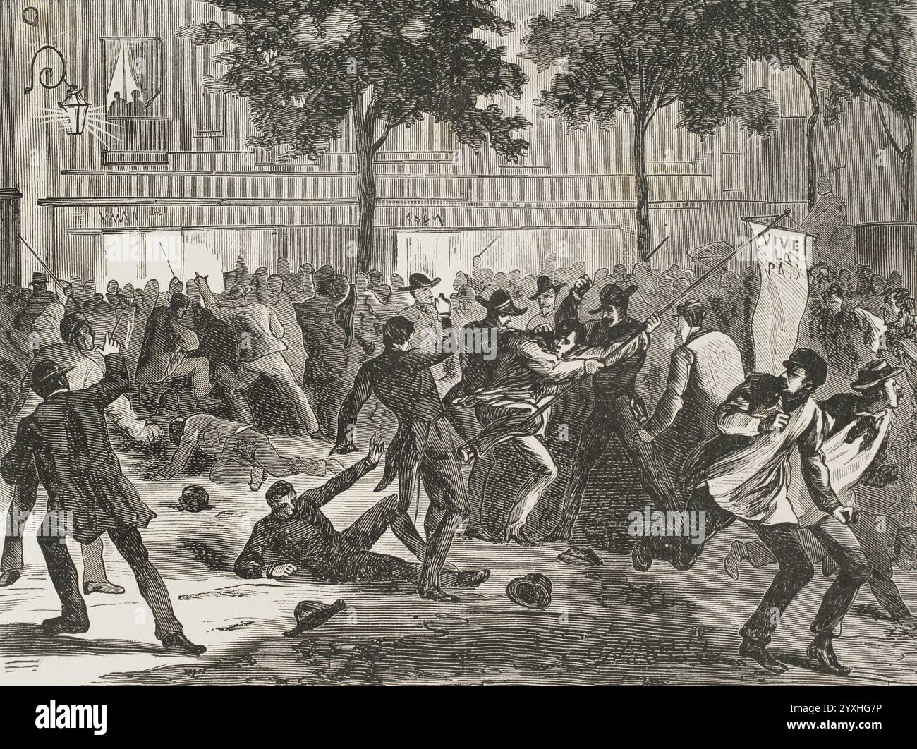 Am 16. Juli 1870 stimmte das französische parlament dafür, Preußen den Krieg zu erklären. Antikriegsdemonstration in Paris, 16. Juli 1870. Gravur. Historia de la Guerra de Francia y Prusia (Geschichte des Krieges zwischen Frankreich und Preußen). Band I. veröffentlicht in Barcelona, 1870. Stockfoto