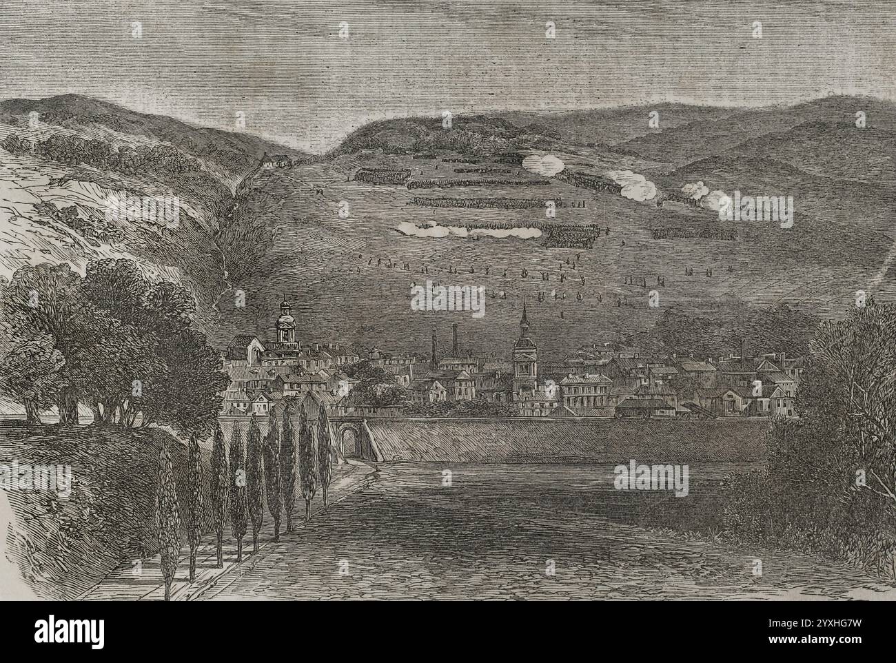 Deutsch-Französischer Krieg (1870–1871). Schlacht bei Saarbrücken (2. August 1870). Die französische Rheinarmee überquerte mit dem 2. Korps von General Frossard und dem 3. Korps von Marschall Bazaine die deutsche Grenze und Griff das 40. Hohenzollern-Schützenregiment der 16. Infanteriedivision an, die die Stadt Saarbrücken verteidigte. Die Franzosen waren siegreich. Gravur. Historia de la Guerra de Francia y Prusia (Geschichte des Krieges zwischen Frankreich und Preußen). Band I. veröffentlicht in Barcelona, 1870. Stockfoto