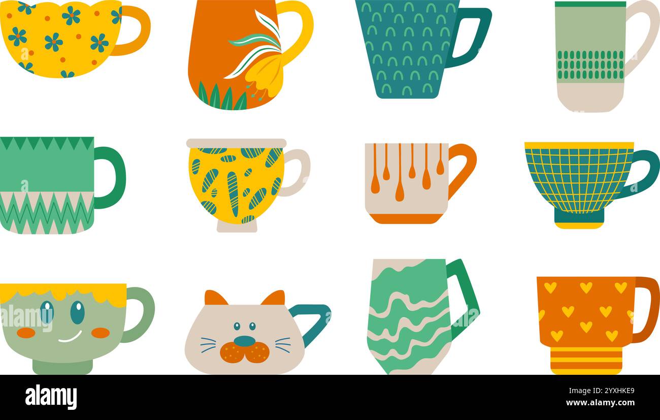 Keramikbecher. Dekoratives Geschirr, Tasse und Tassen für Tee, Kakao, Kaffee. Verschiedene flache Accessoires für Getränke, heiße Getränke für Erwachsene und Kinder Stock Vektor