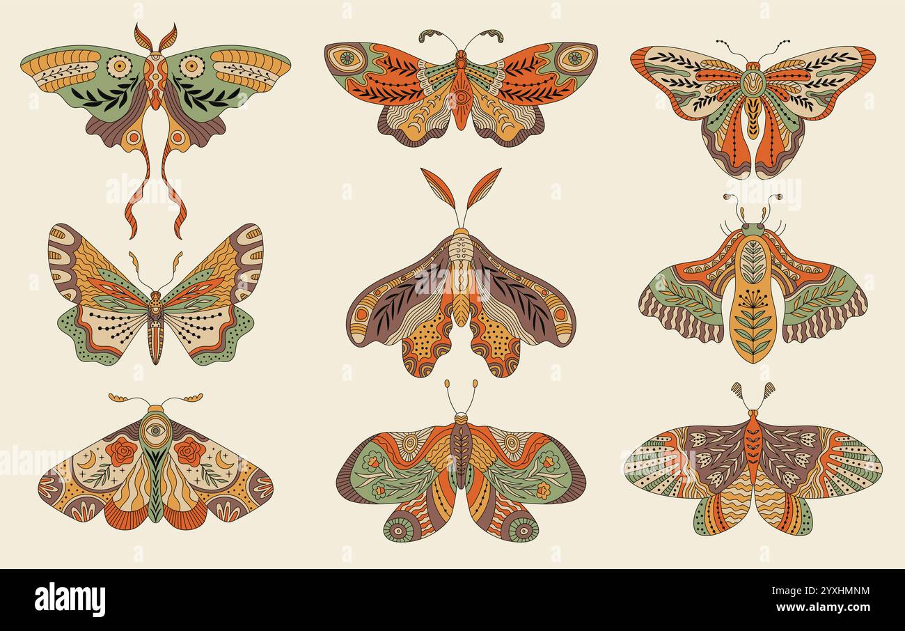 Boho-Schmetterlinge. Dekoratives Tattoo-Design von märchenhaften fliegenden mystischen Insekten Schmetterlinge Sammlung neue Vektorartikel für Astrologie-Karten Stock Vektor
