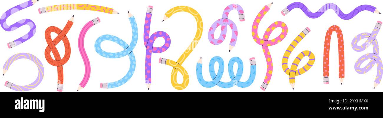 Geschwungene Bleistifte. Lustiges, flexibles Bleistiftdesign. Gedrehtes, gefaltetes grafisches Schreibwaren mit Knoten. Kreatives Schulkunstmaterial, rassige Vektorelemente Stock Vektor