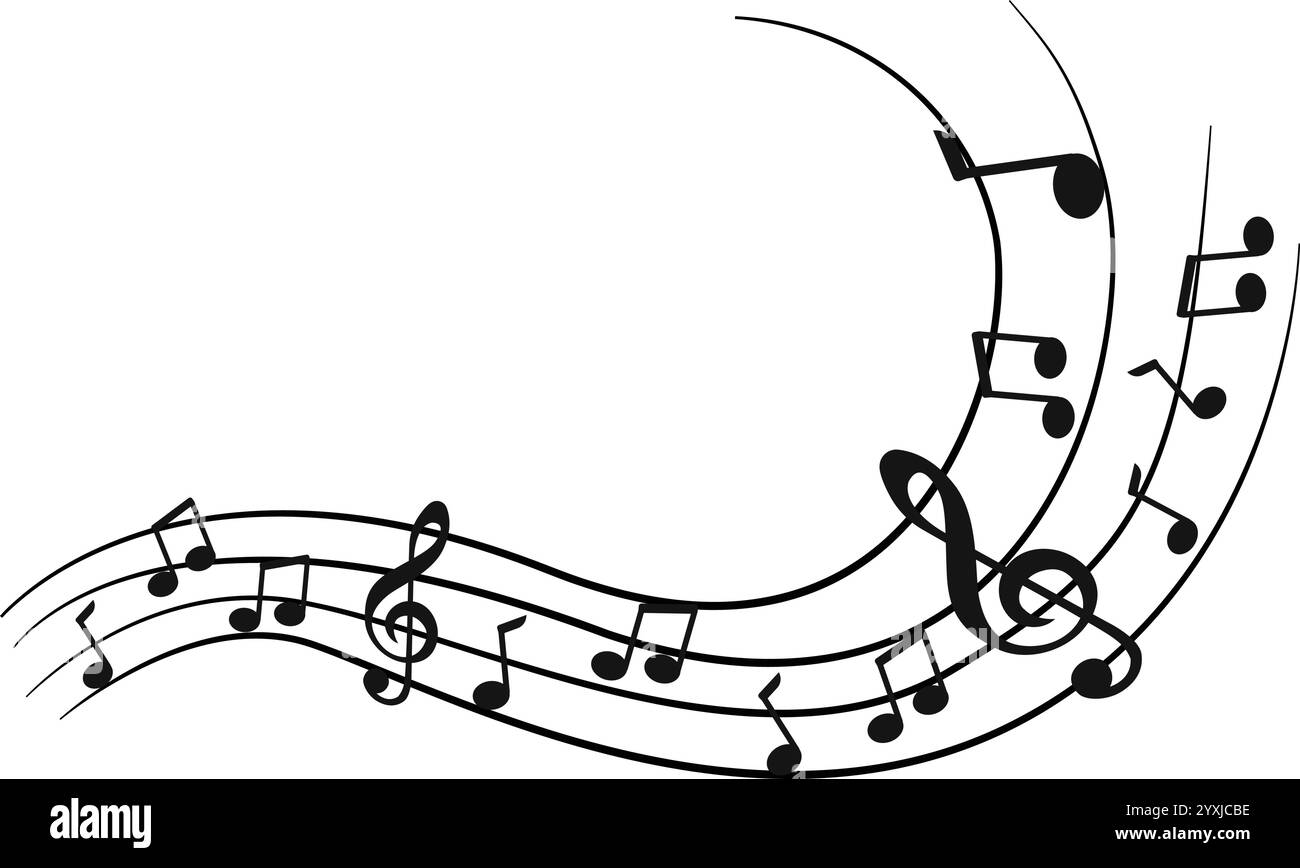 Musiknoten Welle, Kurve musikalische Zeichen, Schallwellenlinie Symbol, akustische Komposition, Musiknote, Musiksound, musikalische Wellen, Musik hat die Welle erhöht Stock Vektor