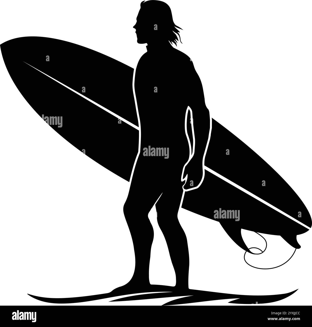 Silhouette eines Surfers mit Surfbrett Stock Vektor