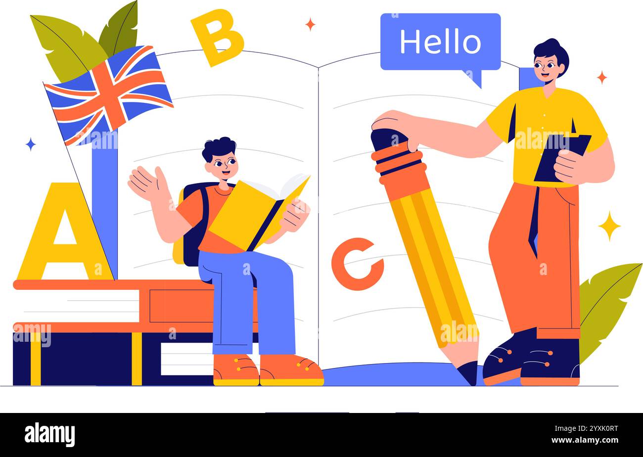 Englische Sprachvektor-Illustration mit Schülern, die Fremdsprachen, globale Kommunikation und Grundlagengrammatik lernen Hintergrund Stock Vektor