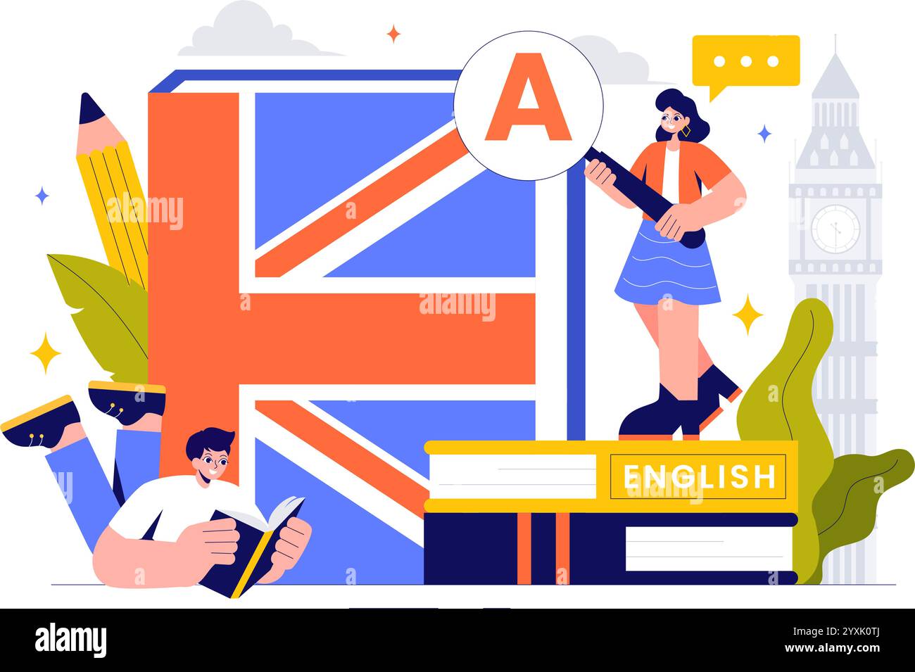 Englische Sprachvektor-Illustration mit Schülern, die Fremdsprachen, globale Kommunikation und Grundlagengrammatik lernen Hintergrund Stock Vektor