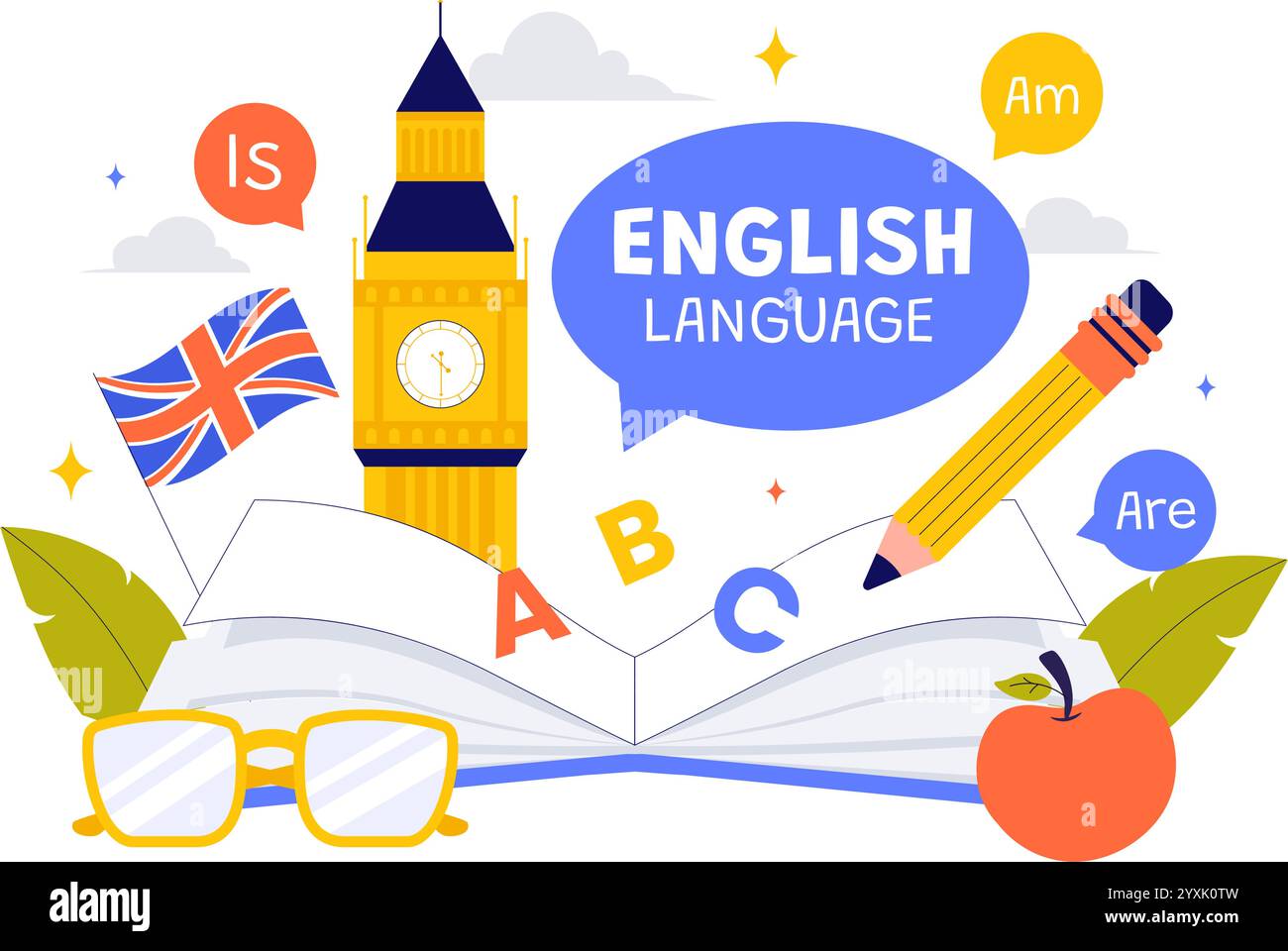 Englische Sprachvektor-Illustration mit Schülern, die Fremdsprachen, globale Kommunikation und Grundlagengrammatik lernen Hintergrund Stock Vektor