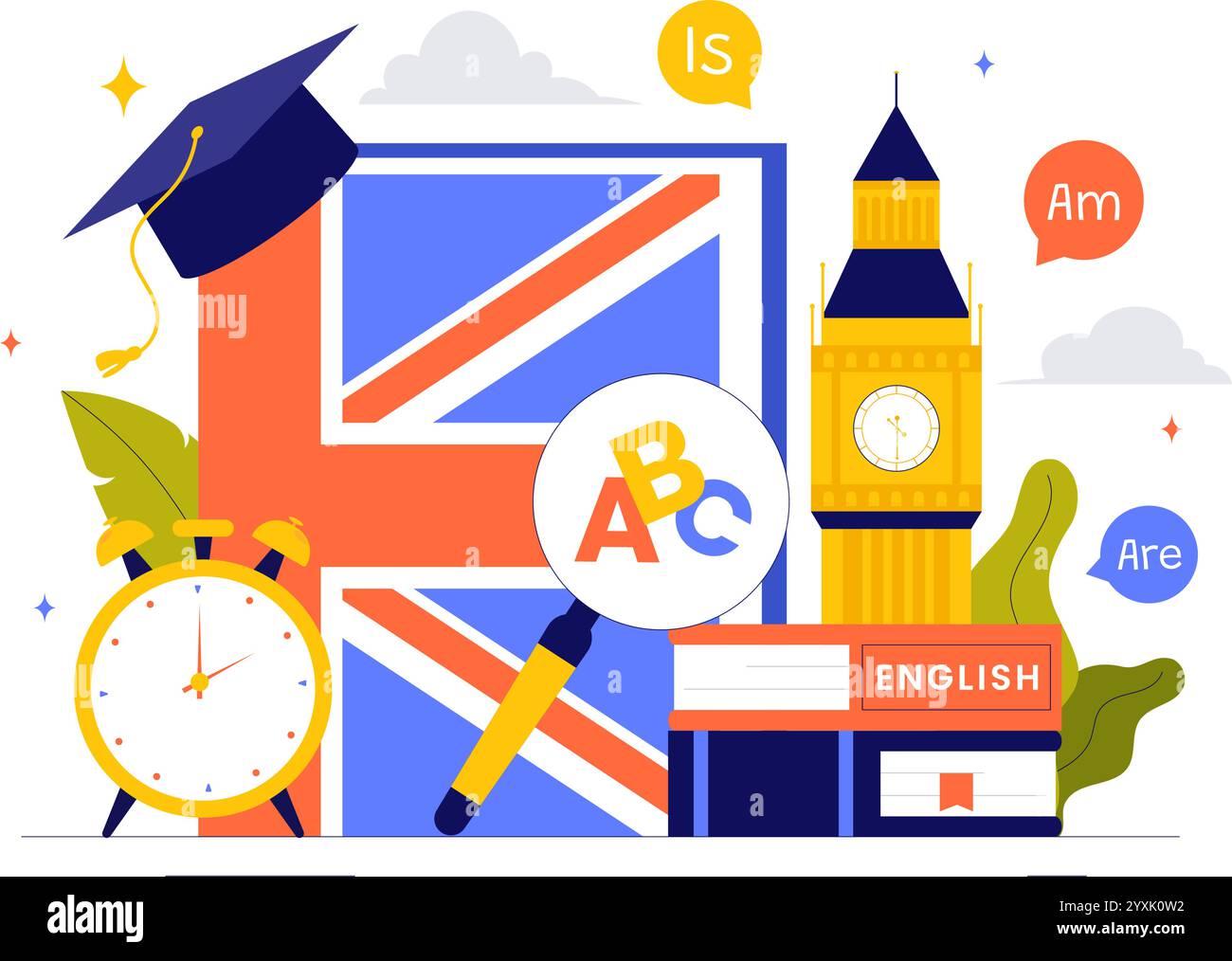 Englische Sprachvektor-Illustration mit Schülern, die Fremdsprachen, globale Kommunikation und Grundlagengrammatik lernen Hintergrund Stock Vektor