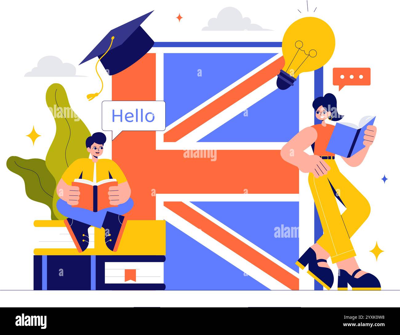 Englische Sprachvektor-Illustration mit Schülern, die Fremdsprachen, globale Kommunikation und Grundlagengrammatik lernen Hintergrund Stock Vektor