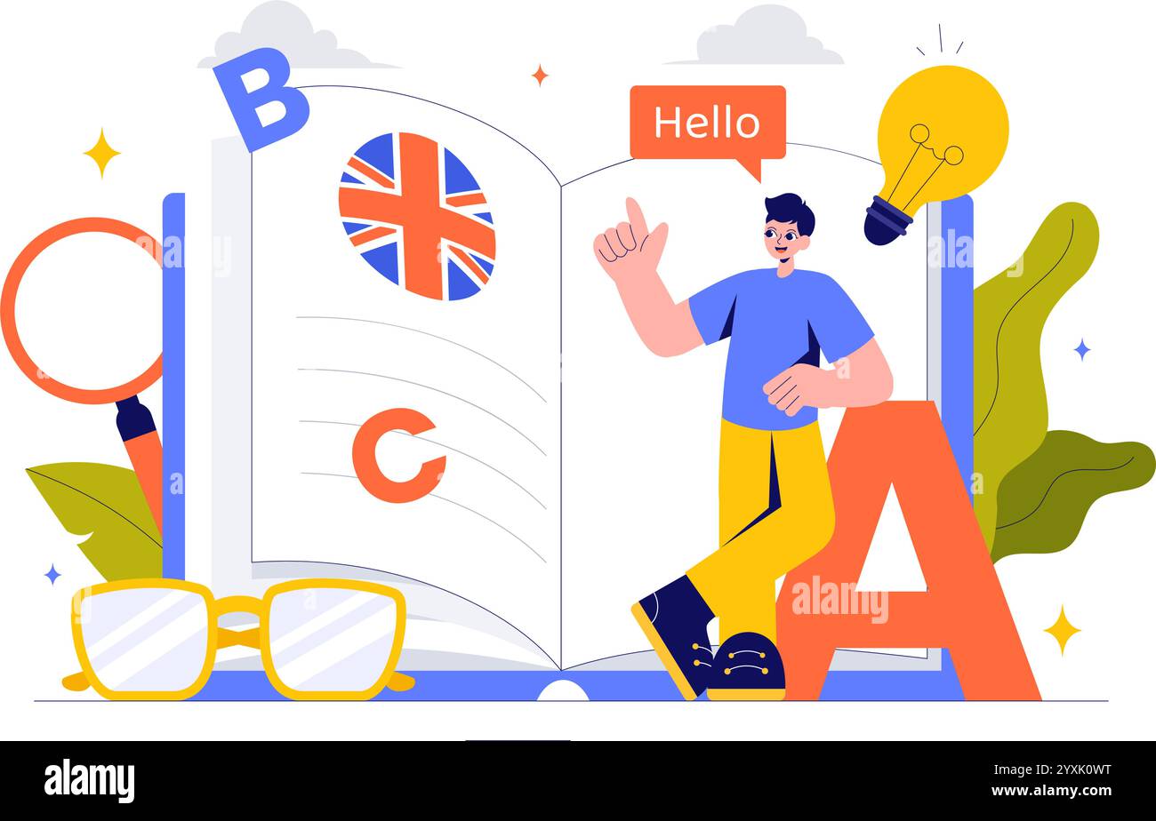 Englische Sprachvektor-Illustration mit Schülern, die Fremdsprachen, globale Kommunikation und Grundlagengrammatik lernen Hintergrund Stock Vektor