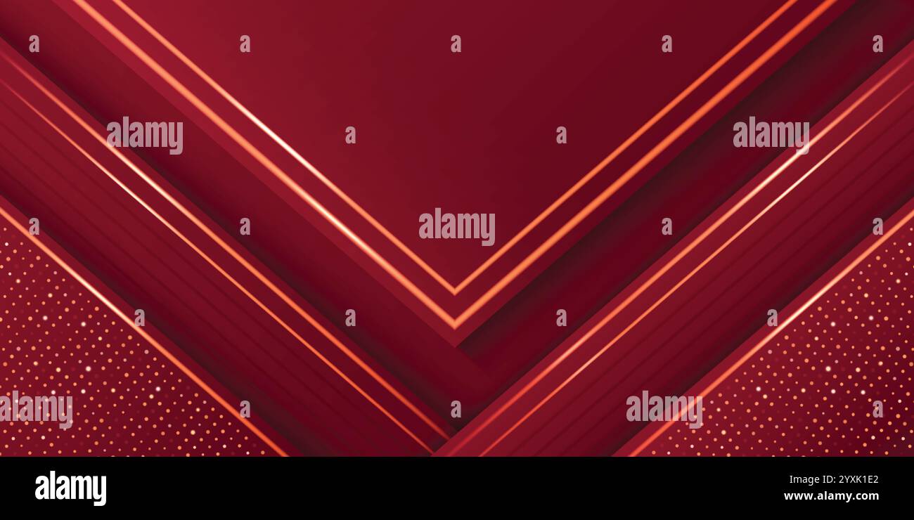 Eleganter roter Hintergrund mit geometrischen Dreieckslagen, goldenen Akzenten, gepunkteten Mustern und Linie für Luxuszertifikat oder -Karte. Abstrakte bg-Vorlage für Premium-Zeremonie-Designs. Stock Vektor Eleganter roter Hintergrund mit geometrischen Dreieckslagen, goldenen Akzenten, gepunkteten Mustern und Linie für Luxuszertifikat oder -Karte. Abstrakte bg-Vorlage für Premium-Zeremonie-Designs. Stock Vektor