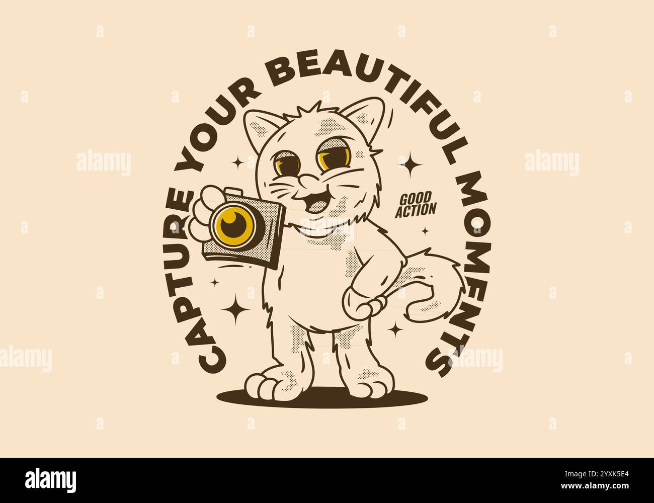 Halten Sie Ihren schönen Moment fest. Vintage Maskottchen Charakter einer stehenden Katze, die eine Taschenkamera hält Stock Vektor Halten Sie Ihren schönen Moment fest. Vintage Maskottchen Charakter einer stehenden Katze, die eine Taschenkamera hält Stock Vektor