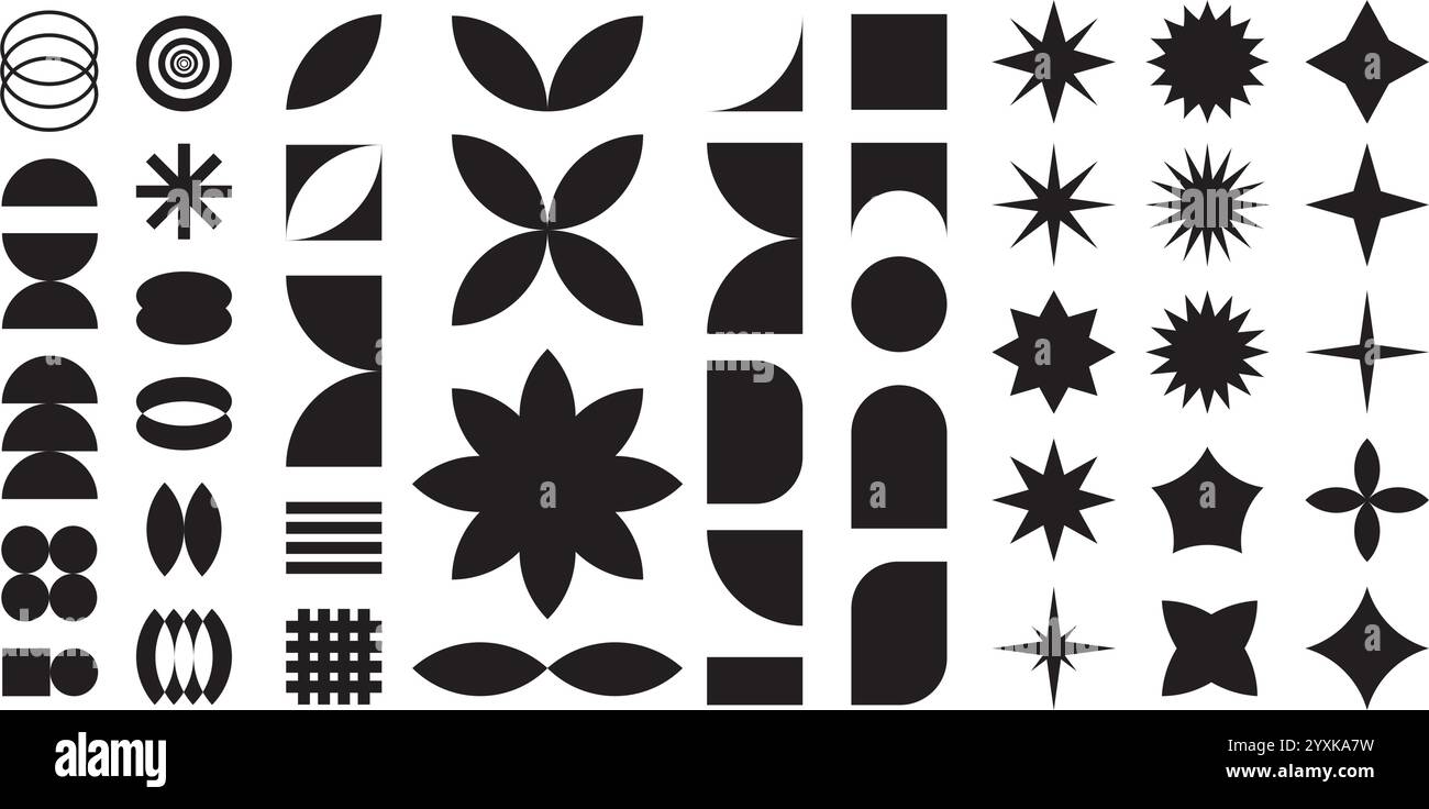 Geometrische Formen Design-Elemente Set. Schwarze abstrakte, brutale Figuren für Design. Einfache Tintenaufkleber, Clip-Art. Vektorgrafiken Stock Vektor