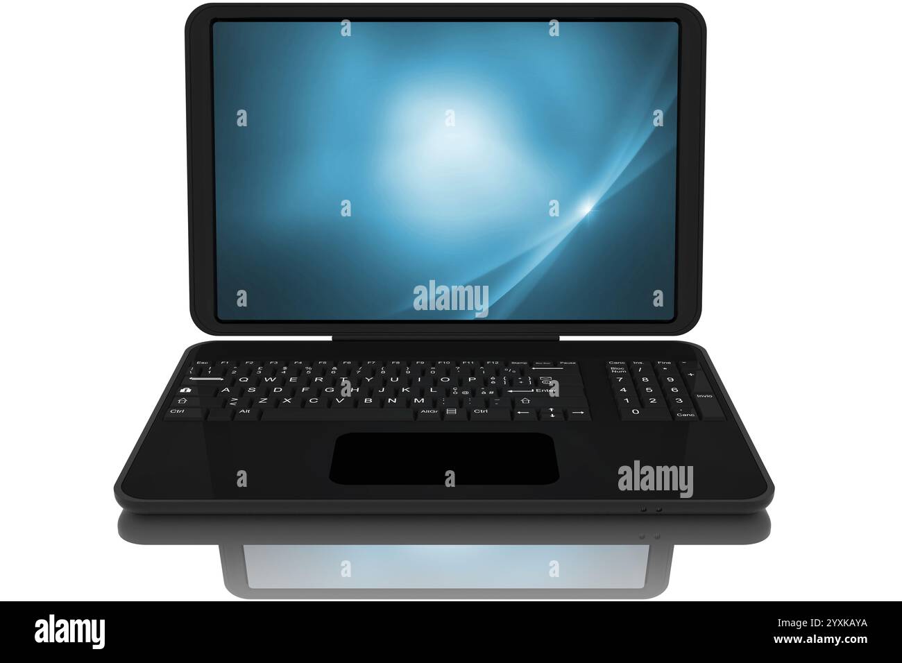 Schwarzer, offener Laptop auf weißem Hintergrund. Leerer Monitor mit Platz für Text. Stockfoto