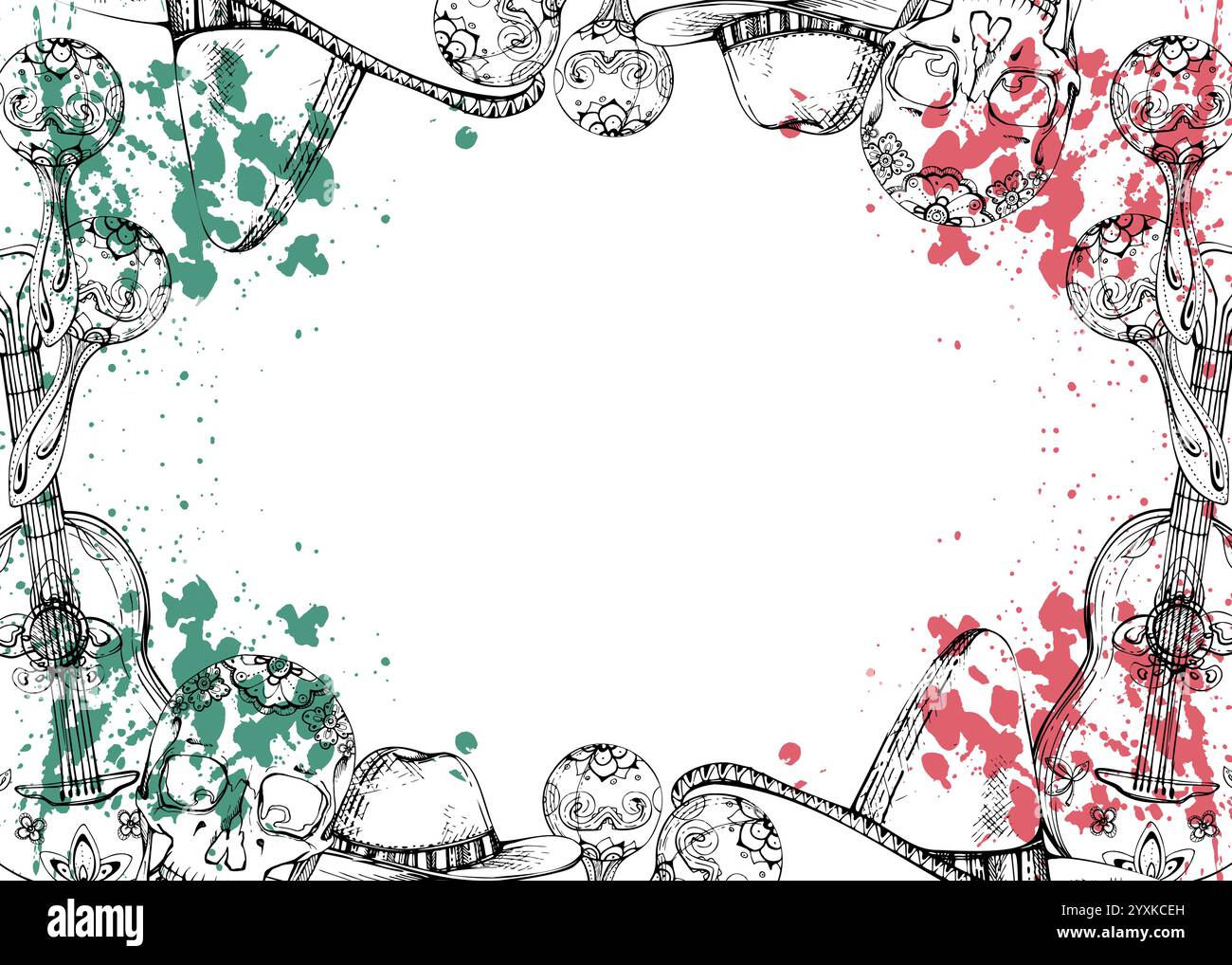 Mexikanische Symbole Sombrero Hut, Gitarren Maracas Mariachi Musikinstrumente, rote grüne Spritzer. Hand gezeichneter Tintenvektor isolierter Illustrationskartenrand Stock Vektor