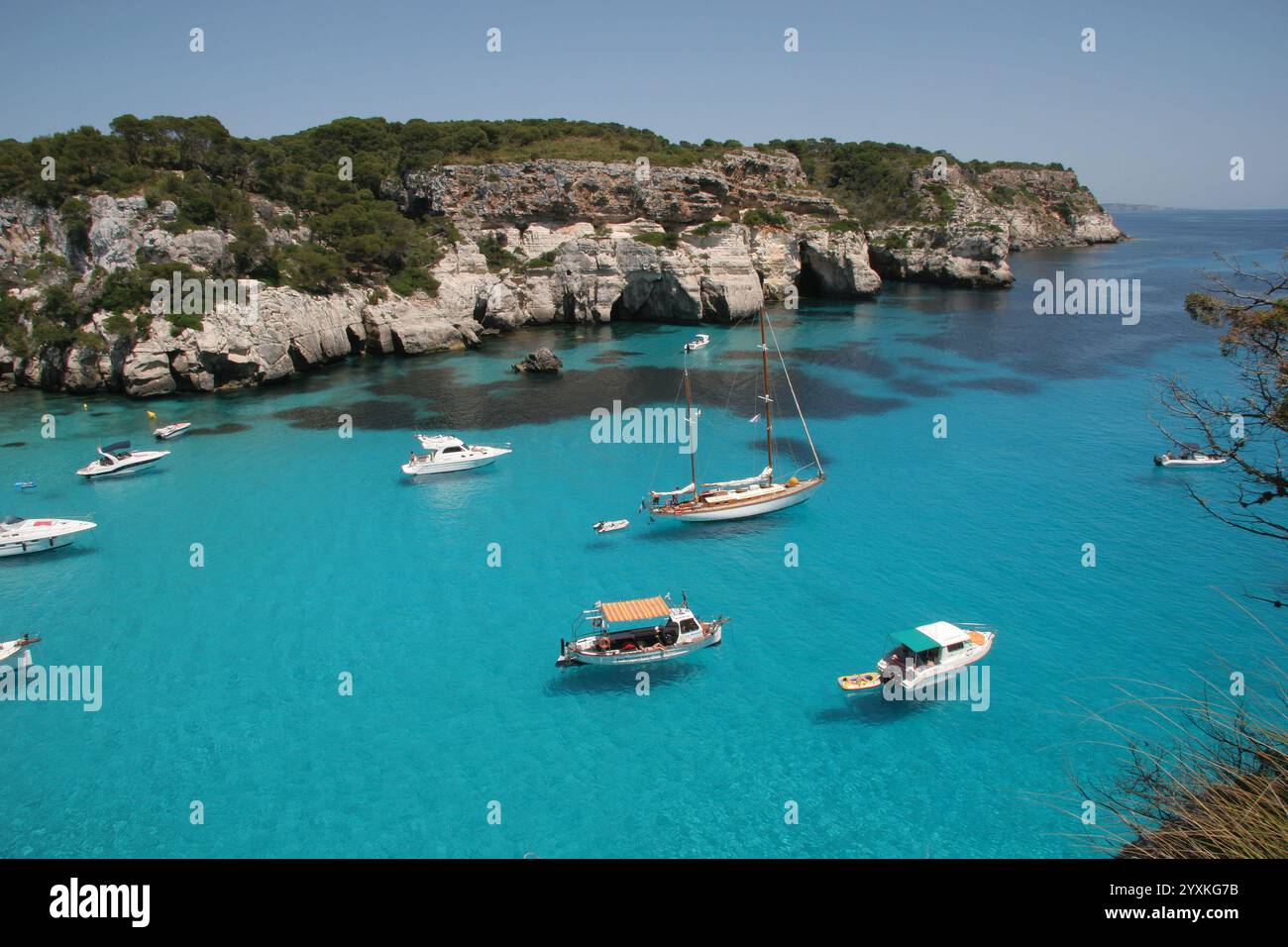 Balearen. Insel Menorca. Cala Macarella. Landschaft Küste. South Island. Spanien. Stockfoto