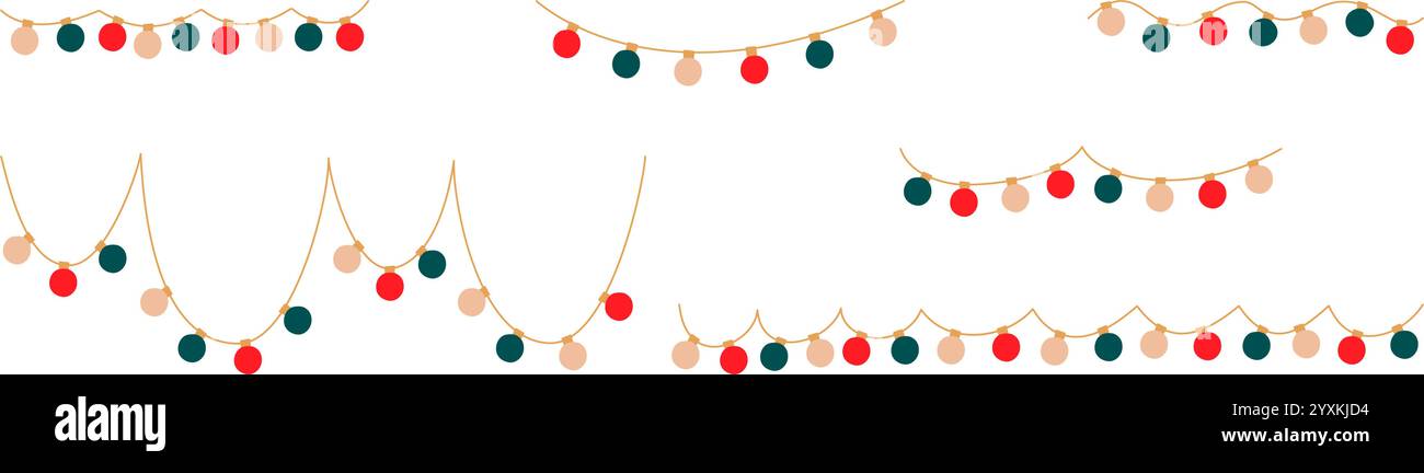 Weihnachtsbeleuchtung Set. Die Girlanden sind kreisfarbene Glühbirnen. Glühende Weihnachten festliche String Dekoration mit hängenden Retro Lampen Glühbirne für Urlaub c Stock Vektor