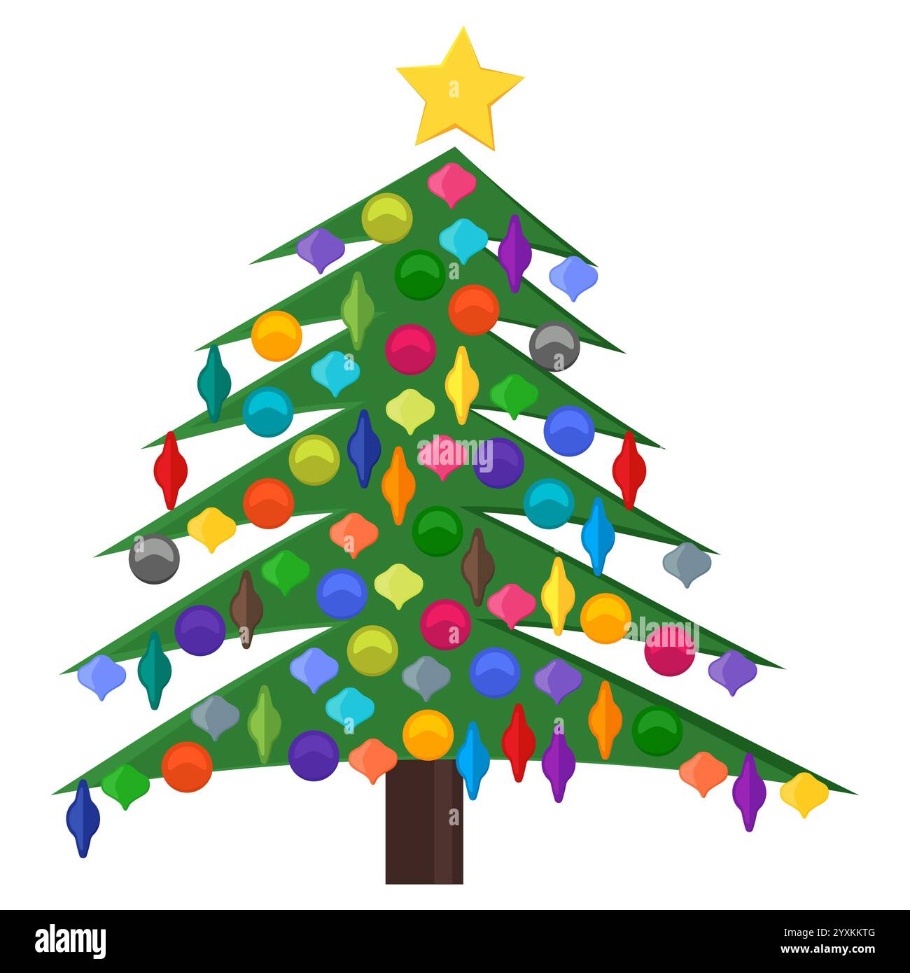 Weihnachtsbaum mit Weihnachtskugeln und einem Stern auf der Spitze. Vektorabbildung. Stock Vektor
