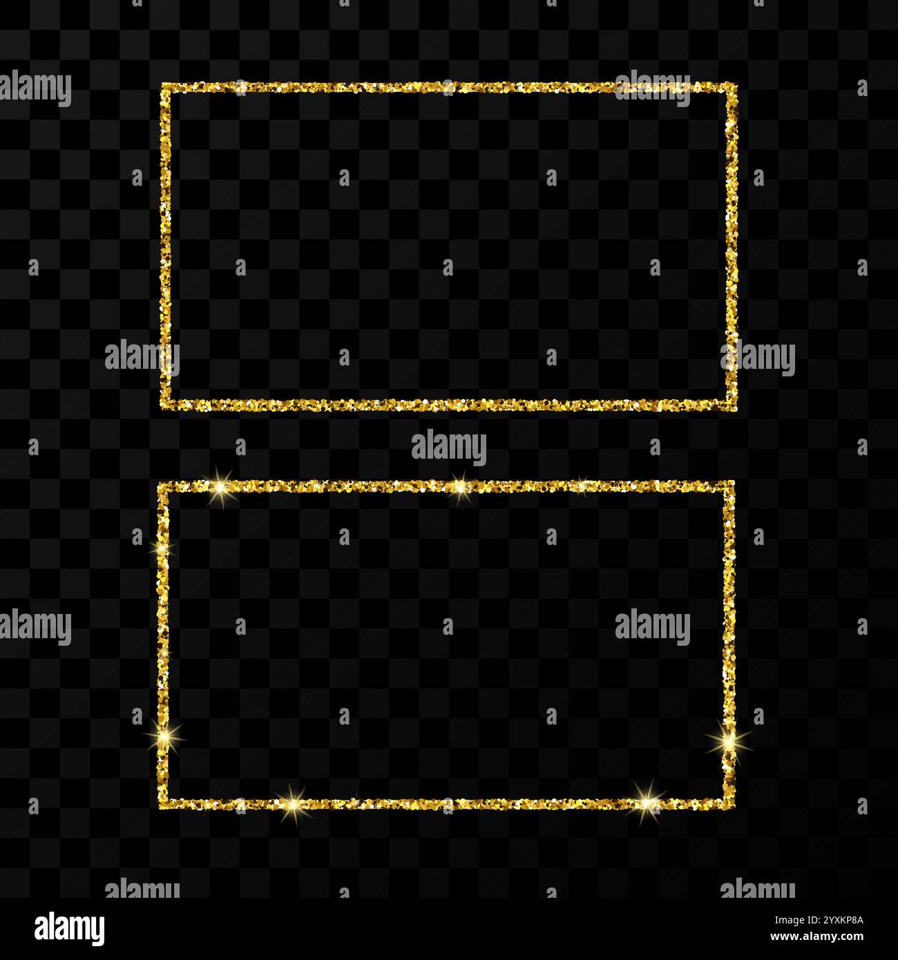 Goldener rechteckiger Rahmen. Zwei moderne, glänzende Rahmen mit Lichteffekten auf dunklem transparentem Hintergrund. Vektorabbildung. Stock Vektor