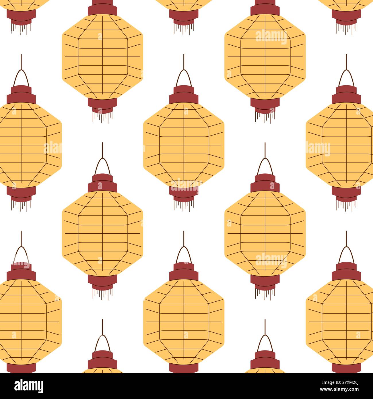 Nahtloses Muster mit traditioneller chinesischer Laterne in Goldgelb auf weißem Hintergrund in flacher Art. Perfekt für festliches Design, Dekoration, Textil Stock Vektor