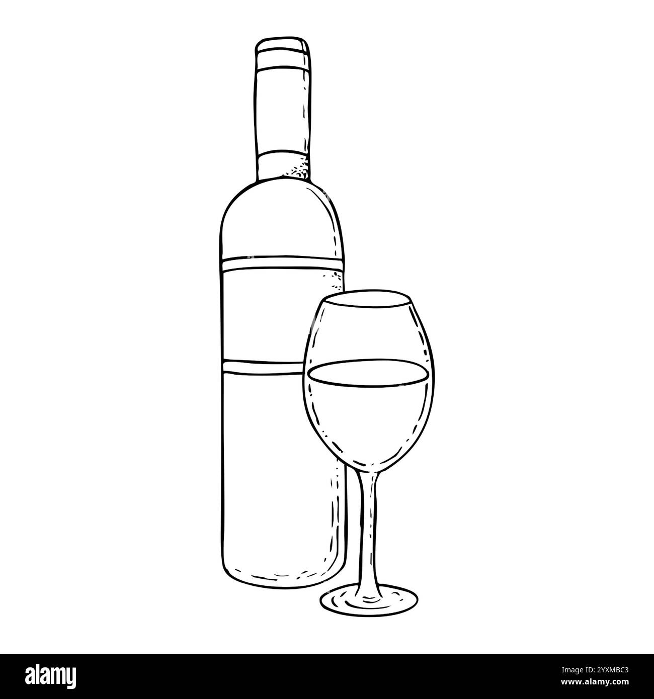 Linie Weinflasche und Glas schwarz-weiß Skizze Stock Vektor