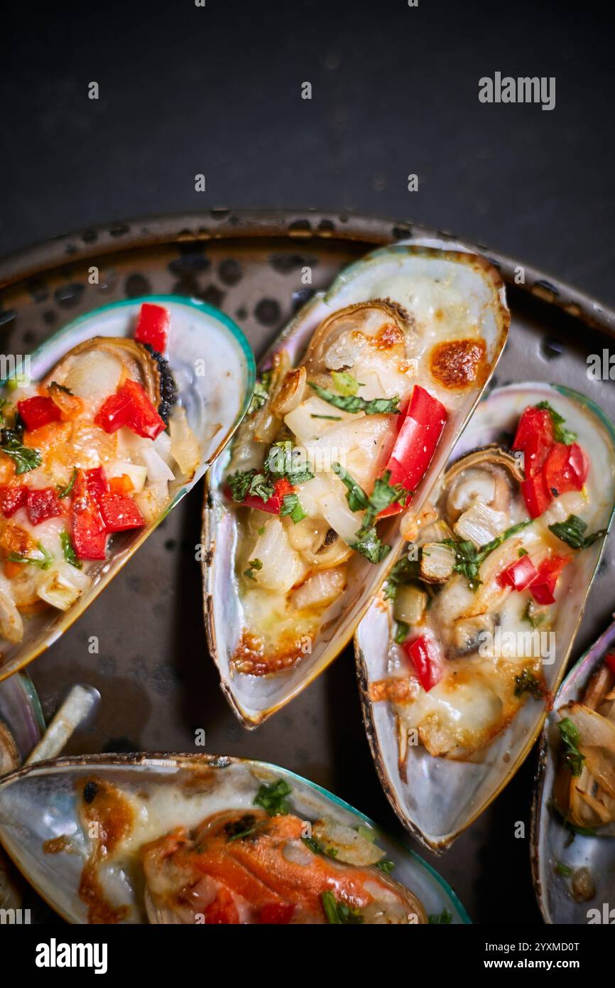 Gebackene Muscheln mit Käse auf dunklem Hintergrund. Stockfoto