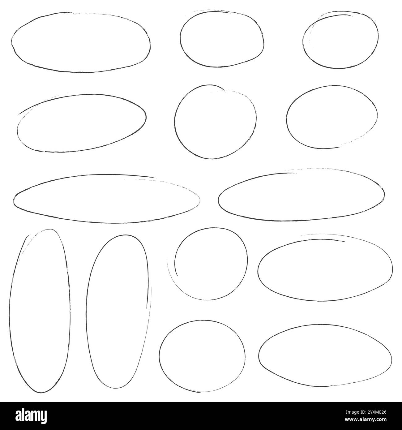 Handgezeichnete Buntstifte, Ovale und Kreise. Ellipsen in Bleistift-Doodle-Stil. Runde Freihandformen, Hervorhebungen Stock Vektor