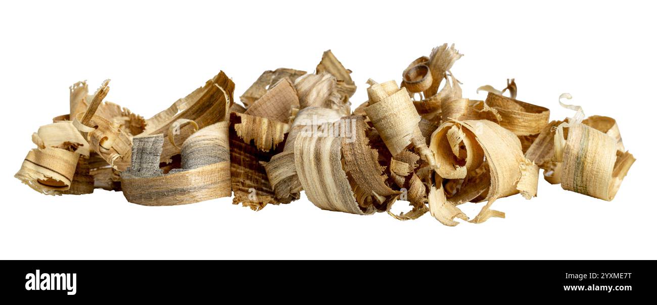 Lockige Holzspäne isoliert auf transparentem Hintergrund Stockfoto