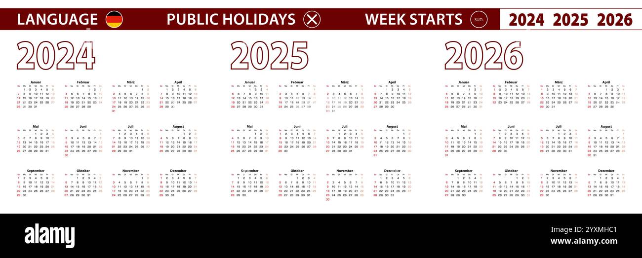 2024, 2025, 2026 Jahre Vektorkalender in deutscher Sprache, Woche beginnt am Sonntag. Vektorkalender. Stock Vektor