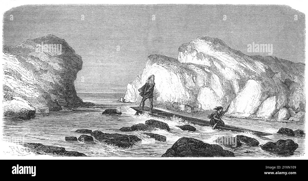 Anti- oder Antis-Indianer, die den Fluss Rapids, wahrscheinlich den Ucayali River, flussaufwärts des Amazonas, in Peru, Amazonas, Südamerika, befahren. Anti ist ein Inka-Name für die indigenen Ashaninka oder Ashaninka aus dem Amazonaswald von Peru und Brasilien Südamerika. Vintage oder historische Gravur oder Illustration 1864. Stockfoto