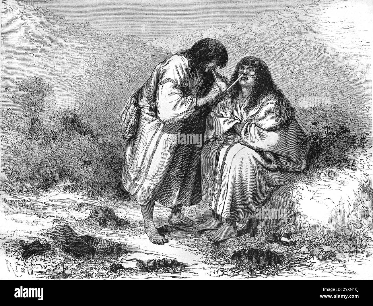 Anti- oder Antis-Männer oder Indianer, schnorcheln oder schnuffeln Tabak oder Snuff, in Peru, Amazonas, Südamerika. Anti ist ein Inka-Name für die indigenen Ashaninka oder Ashaninka aus dem Amazonaswald von Peru und Brasilien Südamerika. Vintage oder historische Gravur oder Illustration 1864. Stockfoto