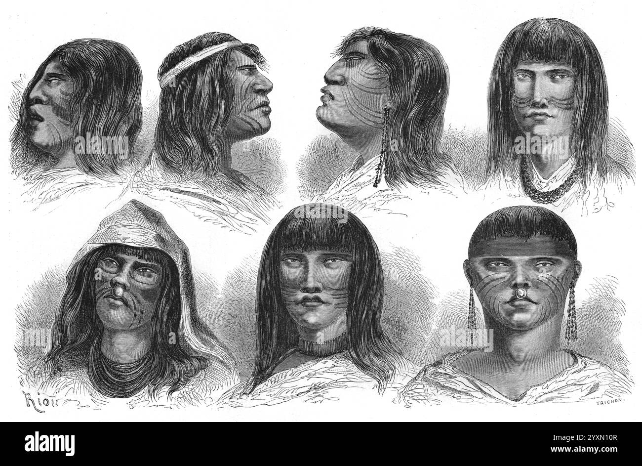 Porträts von Anti- oder Antis-Indianern aus Peru Amazonas, Südamerika. Anti ist ein Inka-Name für die indigenen Ashaninka oder Ashaninka aus dem Amazonaswald von Peru und Brasilien Südamerika. Vintage oder historische Gravur oder Illustration 1864. Stockfoto