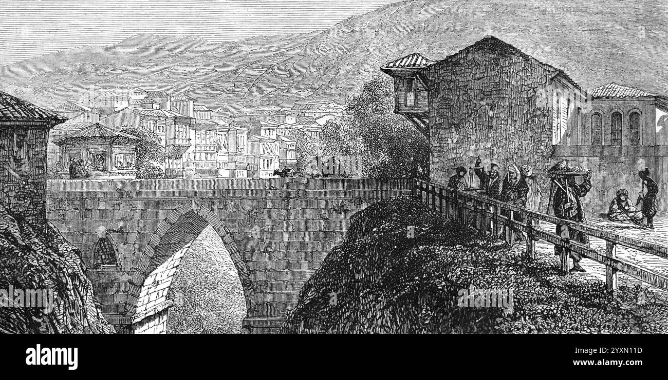 Alte Brücke oder historische Irgandi Brücke (1442) oder Irgandi Köprüsü, über den Fluss Gökdëre, Bursa Türkei. Vintage oder historische Gravur oder Illustration 1864 Stockfoto