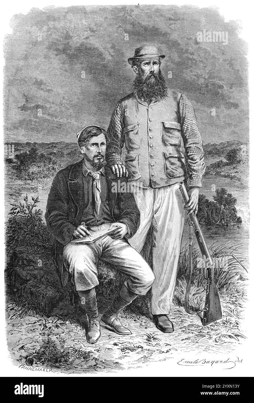 Porträt oder Porträts von John Hanning Speke (1827–1864) English Explorer & Military Officer (Standing) und James Augustus Grant (1827–1892) Scottish Explorer während ihrer Afrikanischen Expedition zur Quelle des Nils 1860. Vintage oder historische Gravur oder Illustration 1864 Stockfoto