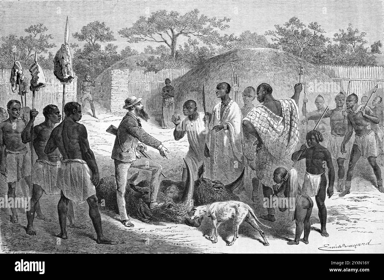 John Hanning Speke überreicht seine Jagdtrophäen dem Stammeshäuptling, Monarch oder König Rumanika (R. 1853–1883) Königreich Karagwe Tansania während der Speke and Grant African Expedition 1860 zu den Quellen des Nilafrikas. Vintage oder historische Gravur oder Illustration 1864 Stockfoto John Hanning Speke überreicht seine Jagdtrophäen dem Stammeshäuptling, Monarch oder König Rumanika (R. 1853–1883) Königreich Karagwe Tansania während der Speke and Grant African Expedition 1860 zu den Quellen des Nilafrikas. Vintage oder historische Gravur oder Illustration 1864 Stockfoto