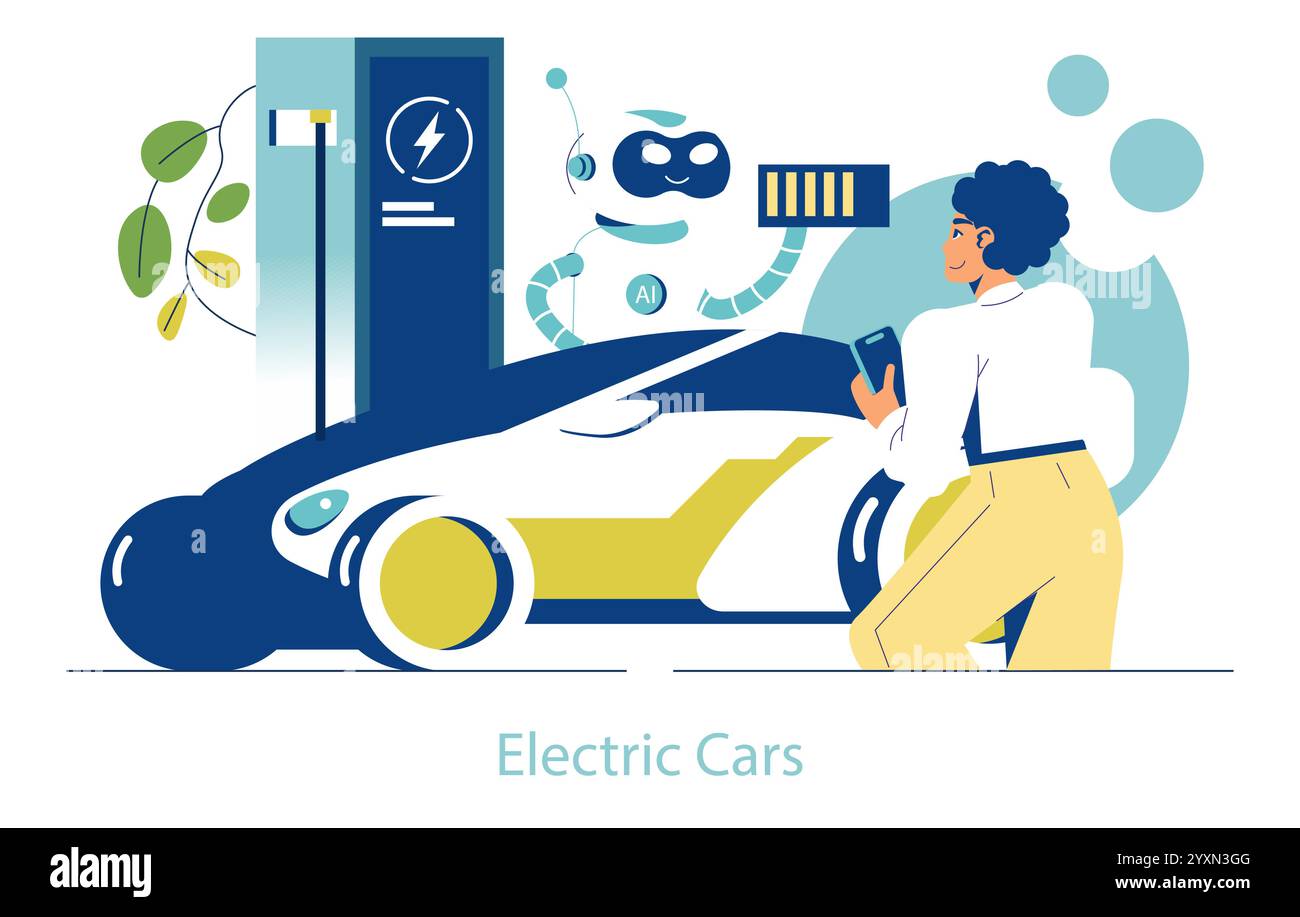 Elektroautos Konzept. Moderne Frau lädt ihr Fahrzeug an einer umweltfreundlichen Station mit Hilfe von KI-Technologie auf. Erneuerbare Energien, die Zukunft des Verkehrs. Vektorabbildung. Stock Vektor