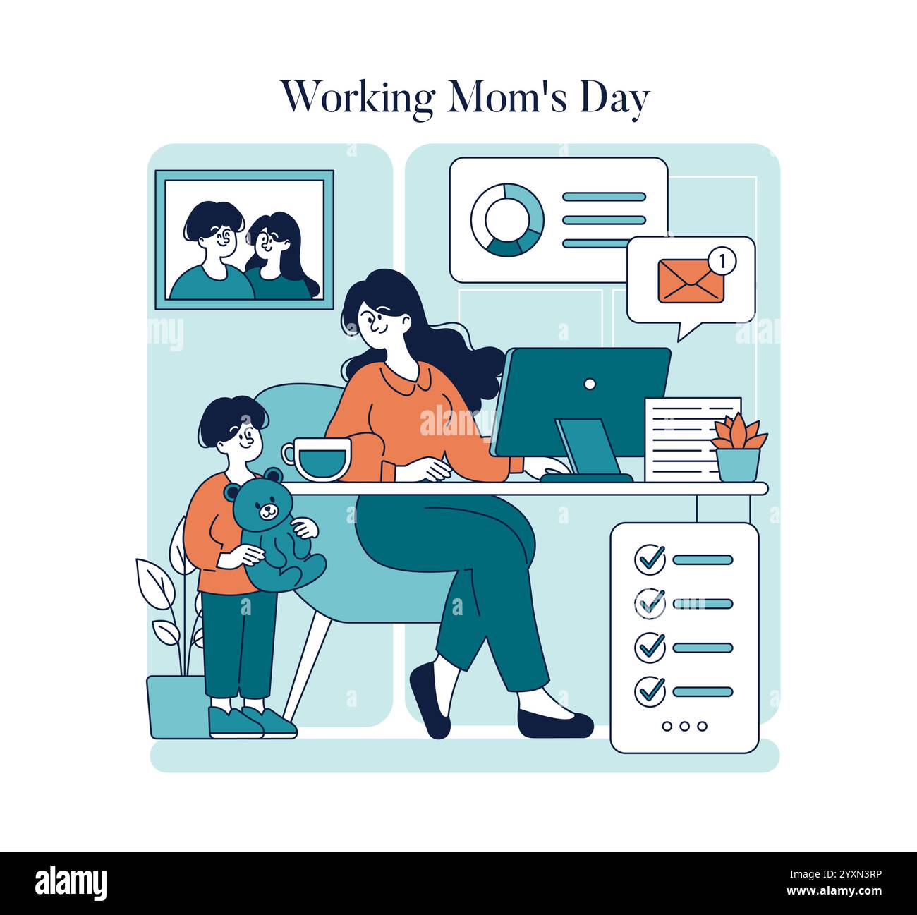 Working Mom Day Konzept. Eine Mutter gleicht Arbeit und Kinderbetreuung aus dem Home Office aus. Produktivität, Multitasking mit dem Kind, Harmonie im Familienleben. Vektorabbildung. Stock Vektor