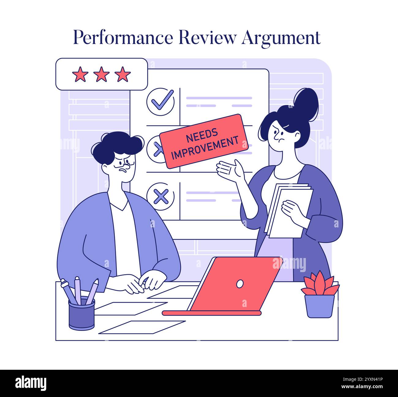 Konzept für Streitigkeiten am Arbeitsplatz. Mitarbeiter führen während einer Leistungsbeurteilung ein hitziges Argument mit kritischem Feedback. Konfrontation im Büro, Konfliktlösung. Vektorabbildung. Stock Vektor