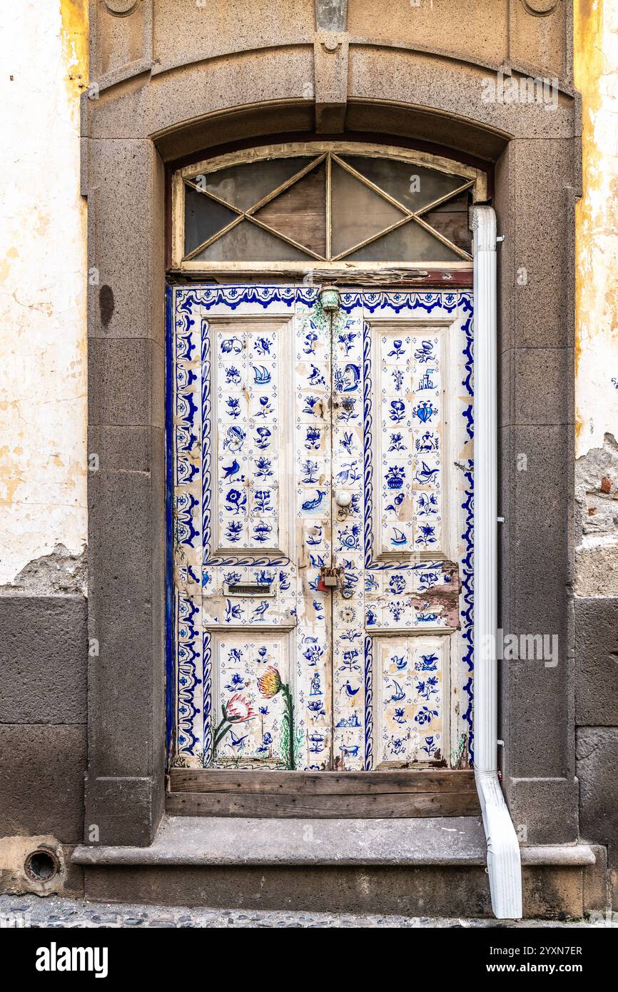 Eine alte Holztür mit farbenfrohen blauen und weißen Blumenmalereien. Die komplexen Kunstwerke zeigen einzigartigen kulturellen Charme und Handwerkskunst Stockfoto
