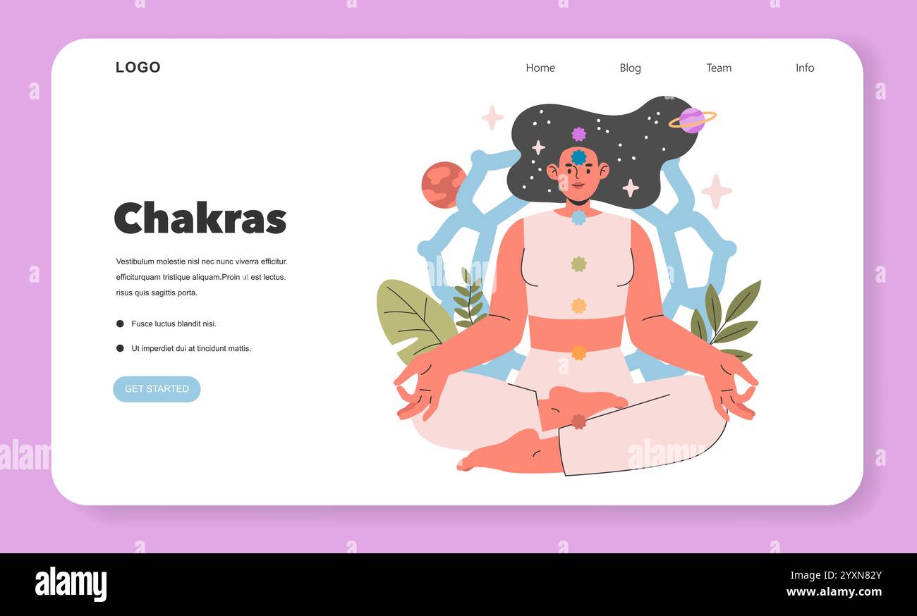 Spirituelles Praxiskonzept. Frau, die mit Chakra-Symbolen und kosmischen Hintergrund meditiert. Innere Ruhe, Energieausrichtung und Harmonie Illustration. Vektorabbildung. Stock Vektor