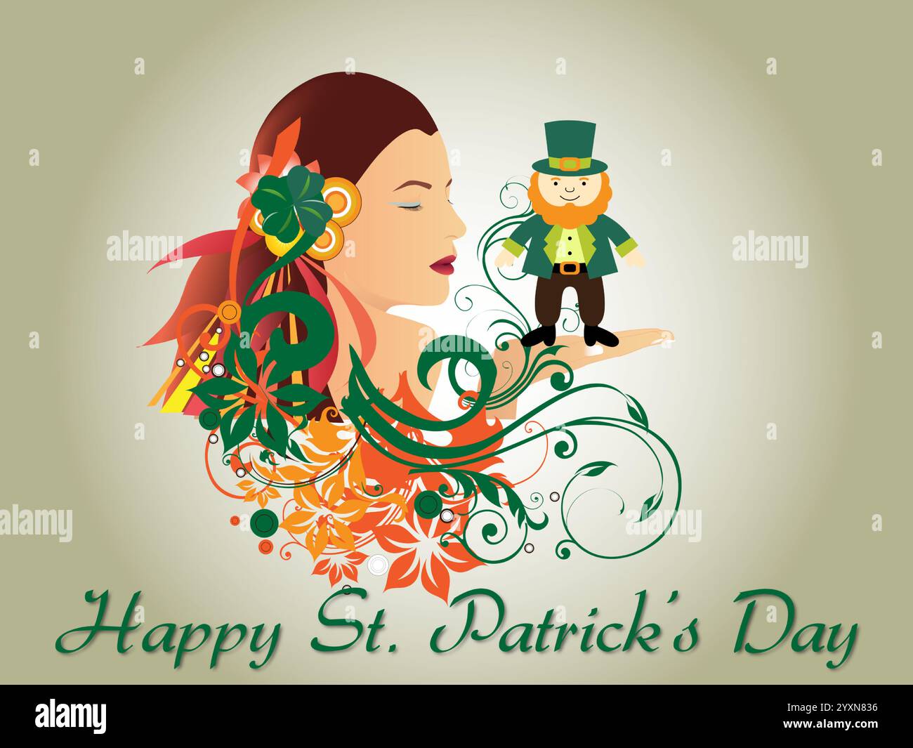 Eine Frau, die eine Statue eines Mannes mit grünem Hut hält. Das Bild ist für St. Patrick's Day. Shamrock Saint Patrick Day Rainbow St. Paddy Glück der Iren Stock Vektor